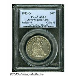 1853-O 50C Arrows and Rays AU55 PCGS. Evenly and 