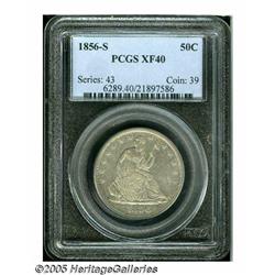 1856-S 50C XF40 PCGS. Dappled pearl-gray and lila