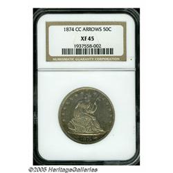 1874-CC 50C Arrows XF45 NGC. Thin bands of golden