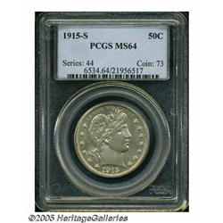 1915-S 50C MS64 PCGS. Splashes of canary-gold col