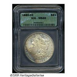 1880-CC S$1 MS65 ICG. Softly struck over the cent