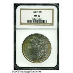 1881-S S$1 MS67 NGC. The obverse is colorfully to