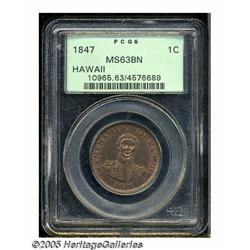 1847 1C Hawaii Cent MS63 Brown PCGS. Crosslet 4. 