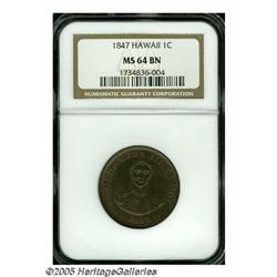 1847 1C Hawaii Cent MS64 Brown NGC. Crosslet 4, 1