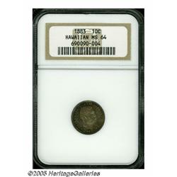 1883 10C Hawaii Ten Cents MS64 NGC. Lustrous and 