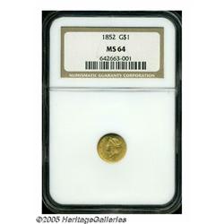 1852 G$1 MS64 NGC. Crisply struck, showing excell