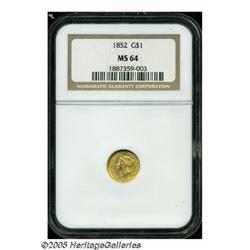 1852 G$1 MS64 NGC. Lustrous surfaces exhibit a wh