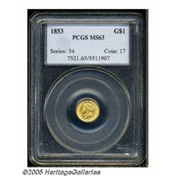 1853 G$1 MS63 PCGS. Lustrous surfaces reveal two 