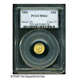 1853 G$1 MS64 PCGS. A splendid olive-gold piece t