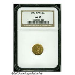 1854 G$1 Type Two AU55 NGC. Yellow-gold surfaces 