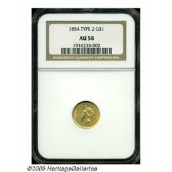 1854 G$1 Type Two AU58 NGC. A nearly Mint State e