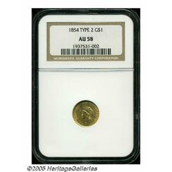 1854 G$1 Type Two AU58 NGC. Luster fills the marg