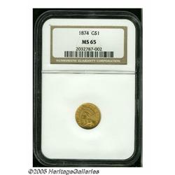 1874 G$1 MS65 NGC. Pleasing peach and green-gold 