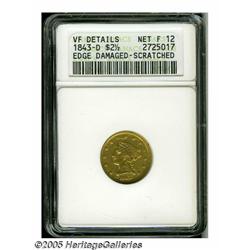 1843-D $2 1/2 Small D--Edge Damaged, Scratched--A