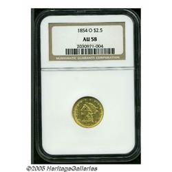 1854-O $2 1/2 AU58 NGC. Well struck with nice lus