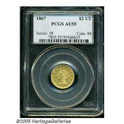 1867 $2 1/2 AU55 PCGS. Scarce in all grades, but 