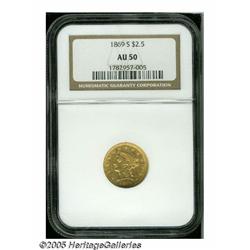 1869-S $2 1/2 AU50 NGC. Weakly struck as usual, w