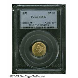 1879 $2 1/2 MS63 PCGS. Bright brassy-gold surface