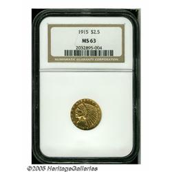 1915 $2 1/2 MS63 NGC. Light golden-rose color wit