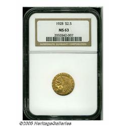 1928 $2 1/2 MS63 NGC. Peach-gold patina occupies 