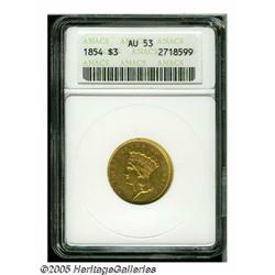 1854 $3 AU53 ANACS. Excellent yellow-gold surface