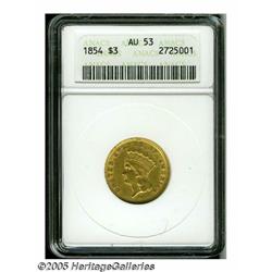 1854 $3 AU53 ANACS. Lustrous light yellow-gold wi