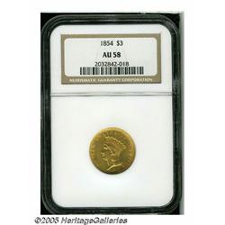 1854 $3 AU58 NGC. Fully lustrous with medium yell