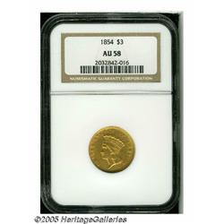 1854 $3 AU58 NGC. Pleasing yellow-gold surfaces w