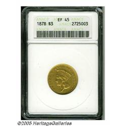 1878 $3 XF45 ANACS. Pale yellow-gold color with h