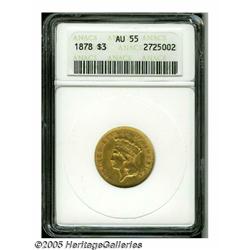 1878 $3 AU55 ANACS. Attractive and lustrous green