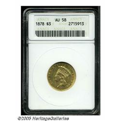 1878 $3 AU58 ANACS. Just a trace of wear is visib