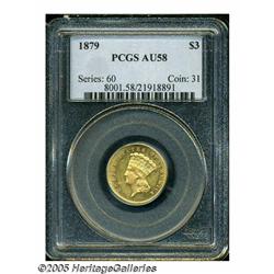 1879 $3 AU58 PCGS. Sharply struck in bright yello