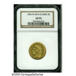 1834 $5 Plain 4 AU55 NGC. Second Head, Breen-6502