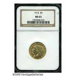 1912 $5 MS63 NGC. Lustrous surfaces display a dee