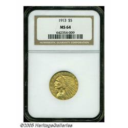 1913 $5 MS64 NGC. Well defined with attractive ol