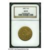 1852 $10 AU55 NGC. Well struck, if typically weak