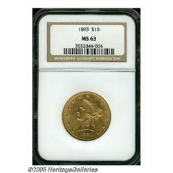 1893 $10 MS63 NGC. Peach-gold patina bathes each 