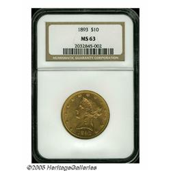 1893 $10 MS63 NGC. Apricot-gold patina occupies e