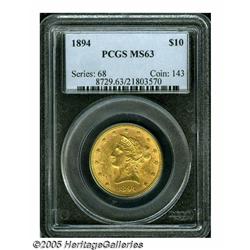 1894 $10 MS63 PCGS. Apricot-gold surfaces display