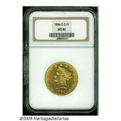 1894-O $10 MS60 NGC. Well struck and lustrous, wi