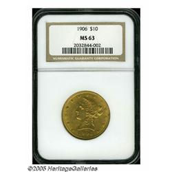 1906 $10 MS63 NGC. Apricot-gold surfaces are imbu