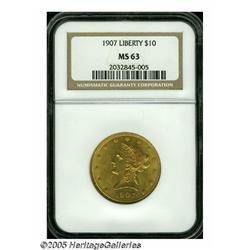 1907 $10 MS63 NGC. Yellow-gold surfaces exhibit n