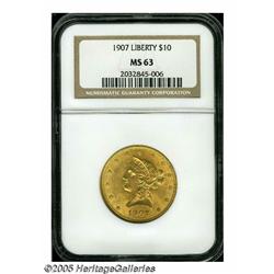 1907 $10 MS63 NGC. Flashy surfaces display nice l