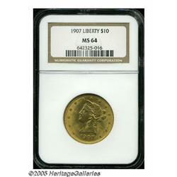 1907 $10 MS64 NGC. Lustrous surfaces display peac