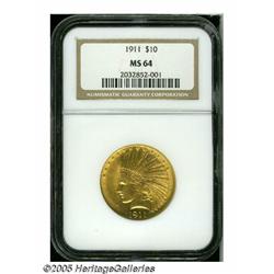 1911 $10 MS64 NGC. Frosty surfaces exhibit strong