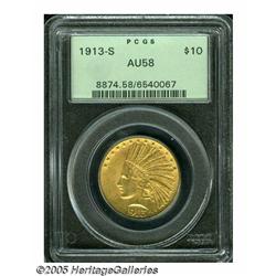 1913-S $10 AU58 PCGS. A honey-gold Indian Ten tha