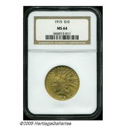 1915 $10 MS64 NGC. Lustrous, peach-gold surfaces 