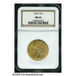 1926 $10 MS64 NGC. Peach-gold and red-orange pati