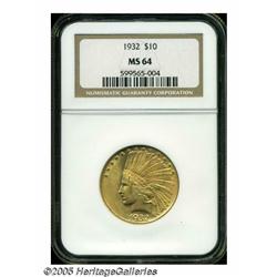 1932 $10 MS64 NGC. Peach-gold, lustrous surfaces 