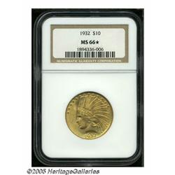 1932 $10 MS66 S NGC. Lovely peach and lime hues e